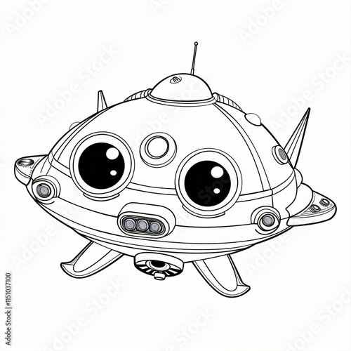 Cartoonstyle spacecraft big cheerful eyes smile designed coloring appealing children
