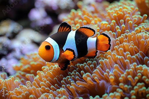 Exotic marine clown fish on a coral background, , isolated on white background,  , copy space, copy space for text,