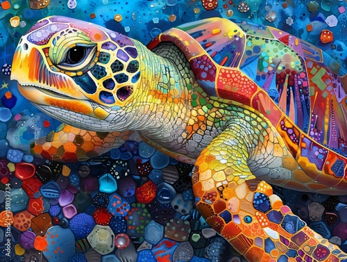 Vibrant seaturtle adorned colorful gemlike patterns gazes contemplatively canvas surrounded complex array smaller patterns rich varied palette photo