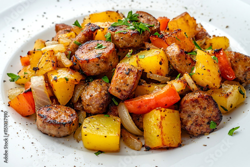 A breakfast hash with diced potatoes, bell peppers, onions, and sausage, white background 