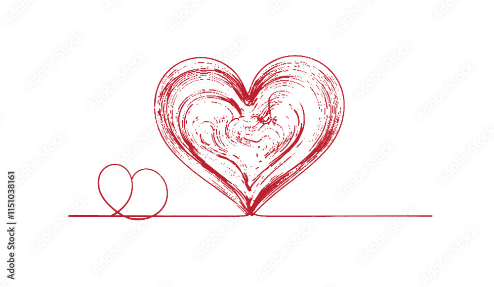 Minimalistic red heart sketch with textured woodgrain details, accompanied by a smaller heart outline. Ideal for romantic and artistic projects Minimalistic red heart sketch with textured woodgrain details, accompanied by a smaller heart outline. Ideal for romantic and artistic projects