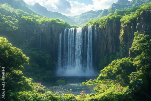 Lush green jungle waterfall, serene pool.