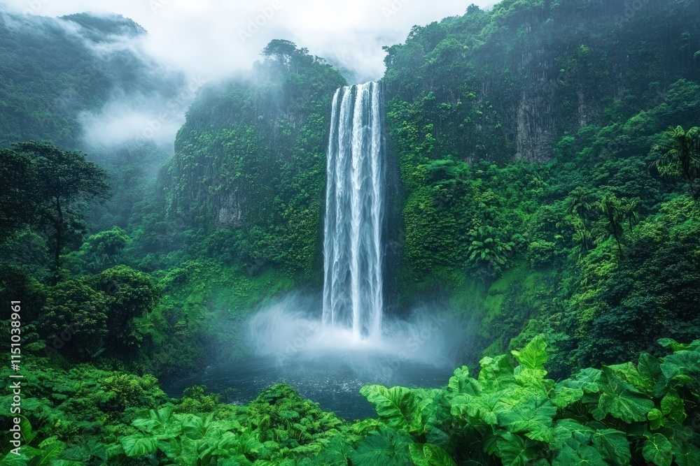 Fototapeta premium Lush rainforest waterfall, misty mountains.