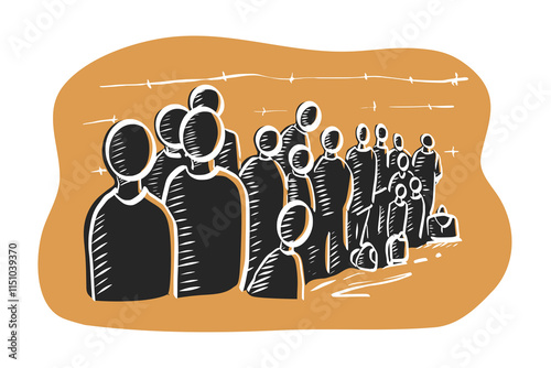 Migrants waiting to cross the border. Migration and refugees illustration. Immigrant fleeing war to new country. Asylum seekers. International rescue.