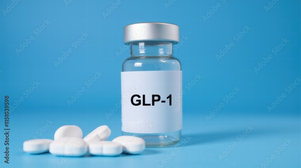 Medicine bottle labeled with GLP-1 on a blue laboratory background, medical research, pharmaceutical development, healthcare concept Medicine bottle labeled with GLP-1 on a blue laboratory background, medical research, pharmaceutical development, healthcare concept