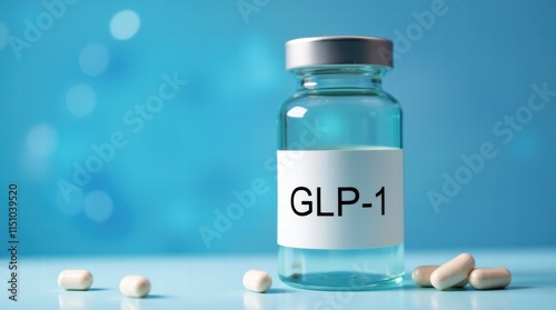 Medicine bottle labeled with GLP-1 on a blue laboratory background, medical research, pharmaceutical development, healthcare concept