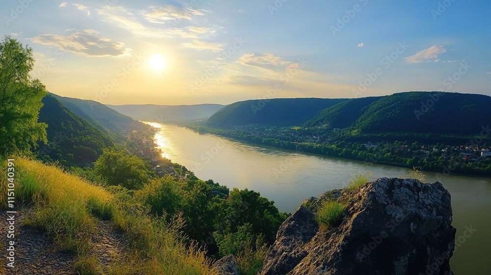 Obraz premium A very beautiful landscape showcasing a serene river flowing through lush greenery, with the bright sun illuminating the scene, casting a warm glow across the tranquil waters