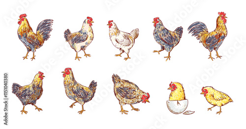 Set of chicken, hen, rooster outline sketch hand drawn isolated on white background illustration. Birds poultry farm animal collection on vintage style.