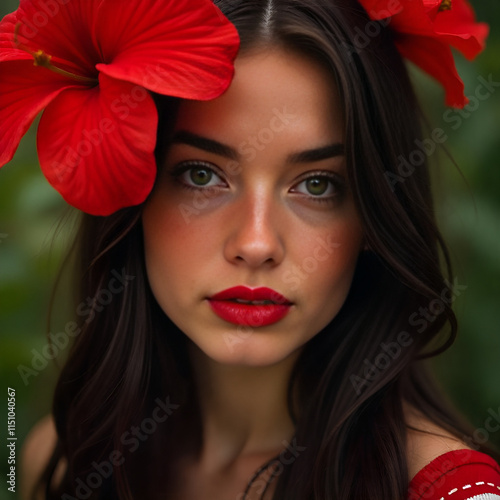 A close-up portrait of a young Caucasian woman with dark hair, full red lips, and dramatic red flower petals framing her face photo