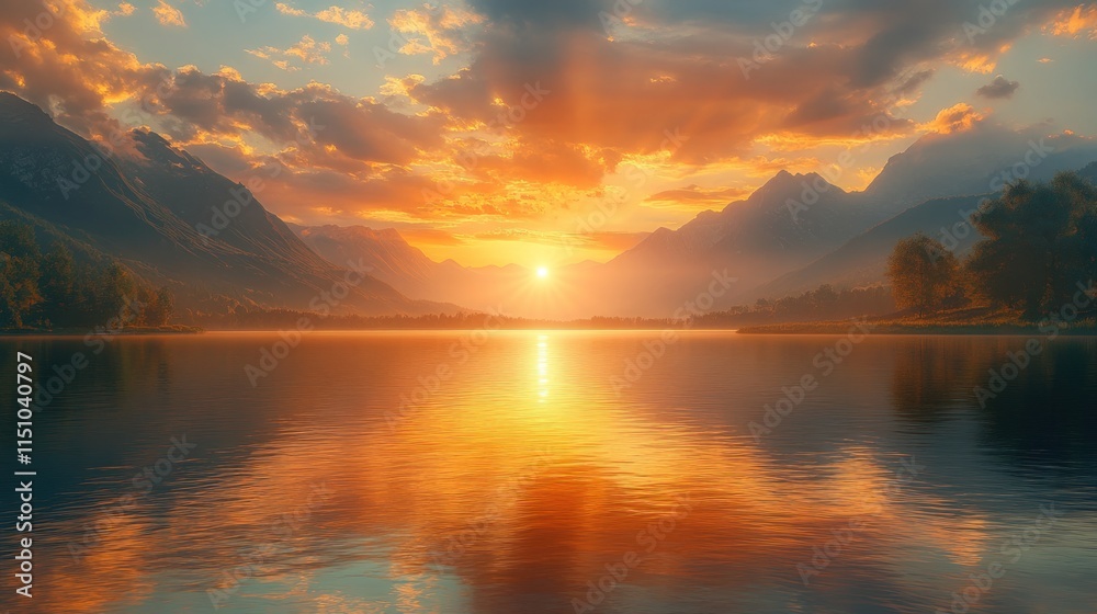 Fototapeta premium Sunset reflects on calm lake, mountains surround.
