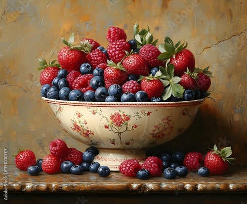 Ripe, juicy strawberries and blueberries overflow a white bowl, a healthy and delicious summer fruit dessert