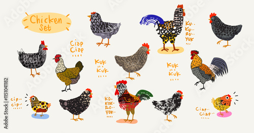 Set of chicken, hen, rooster outline sketch hand drawn isolated on white background illustration. Birds poultry farm animal collection on vintage style.