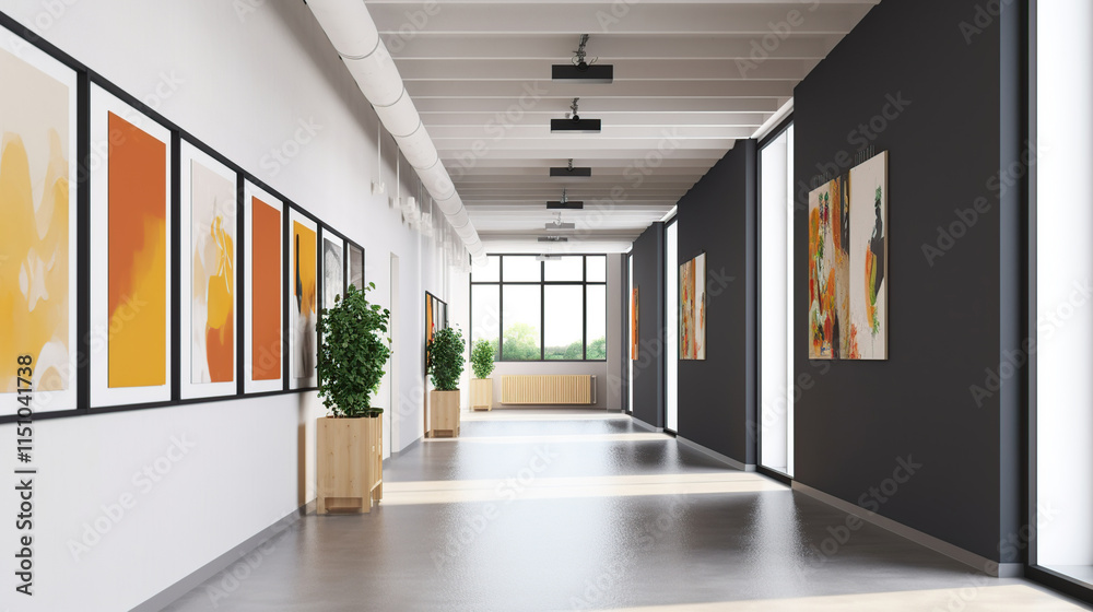 Obraz premium Modern Gallery Interior with Abstract Paintings