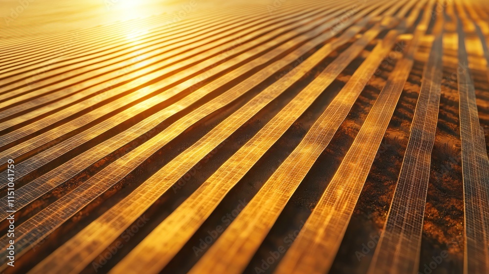Golden Solar Panels Gleaming At Sunset Golden Solar Panels Gleaming At Sunset