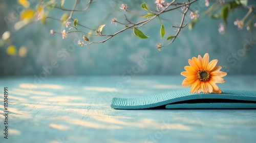 Yoga mat with flowers on a pastel mint background, concept of yoga or fitness