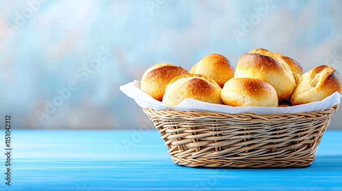 Baked bread in a basket on a blue background