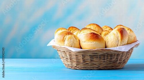 Baked bread in a basket on a blue background