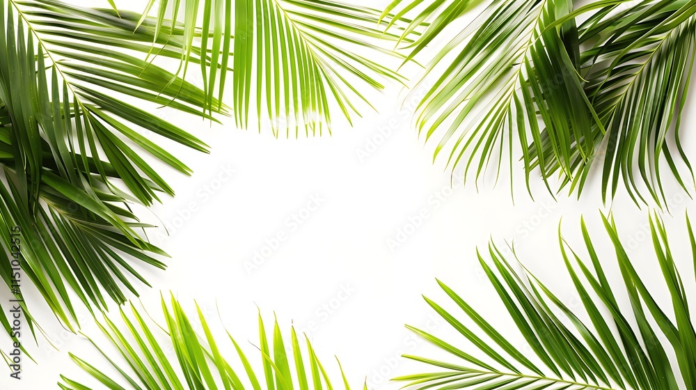 Fototapeta premium Tropical Green Palm Leaves Frame on White Background