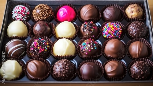 Box of assorted chocolate truffles with sprinkles and toppings