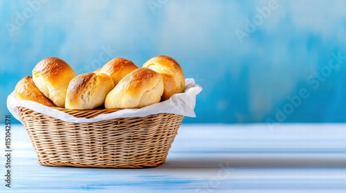Baked bread in a basket on a blue background