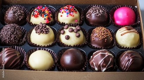 Box of assorted chocolate truffles with sprinkles and toppings