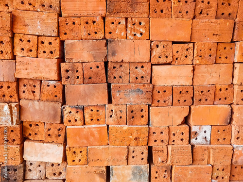 The textured background of the orange bricks is seen from the front
