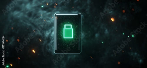 A glowing green battery icon set against a dark, cosmic background.