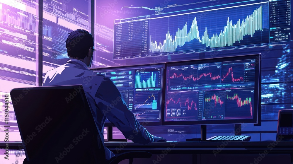 Fototapeta premium A Man Works Late Analyzing Financial Market Data