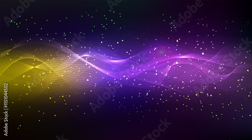 Abstract glowing particles dynamic line waves. Blue orange purple vibrant energy flow. Cosmic sparkling star light points, soft gradient landscape on dark tech background. Golden dust magic pattern