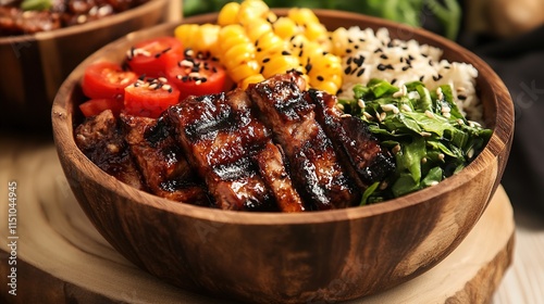 A highly realistic depiction of a BBQ protein bowl, featuring tender grilled meat, colorful vegetables, and healthy grains, all beautifully arranged in a bowl for a delicious and nutritious meal, 