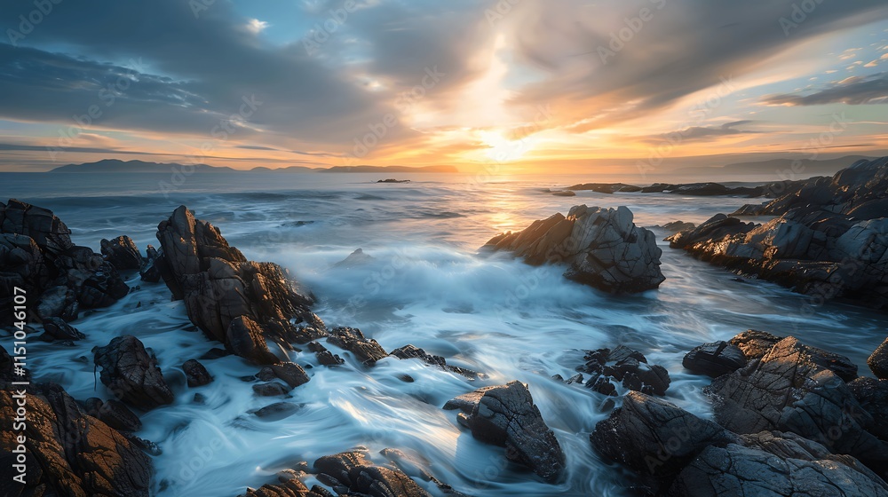 Serene Sunset Over Rocky Ocean Shoreline Serene Sunset Over Rocky Ocean Shoreline