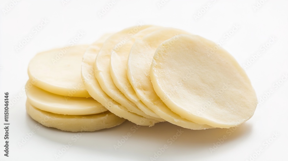 High-quality close-up of very thin dough cut into round pieces, arranged neatly on a clean white background, showcasing the delicate texture and fine craftsmanship of the dough. High-quality close-up of very thin dough cut into round pieces, arranged neatly on a clean white background, showcasing the delicate texture and fine craftsmanship of the dough.
