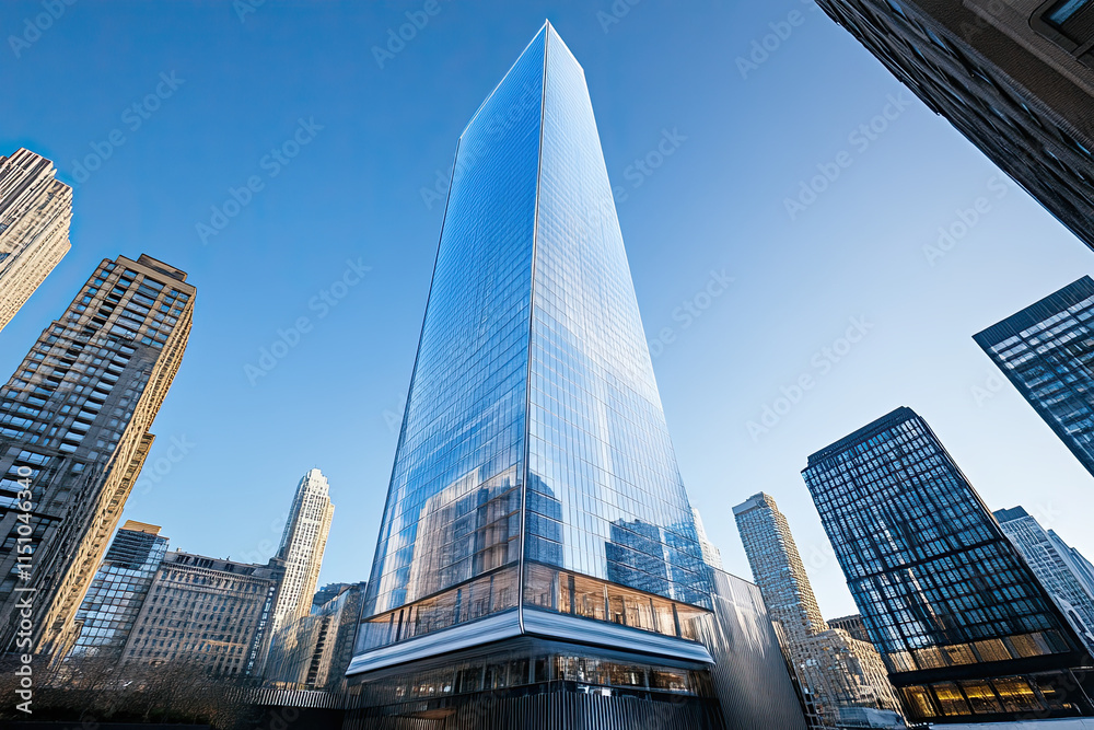 Modern skyscraper with a glass facade reflecting the sky, showcasing contemporary architecture Modern skyscraper with a glass facade reflecting the sky, showcasing contemporary architecture