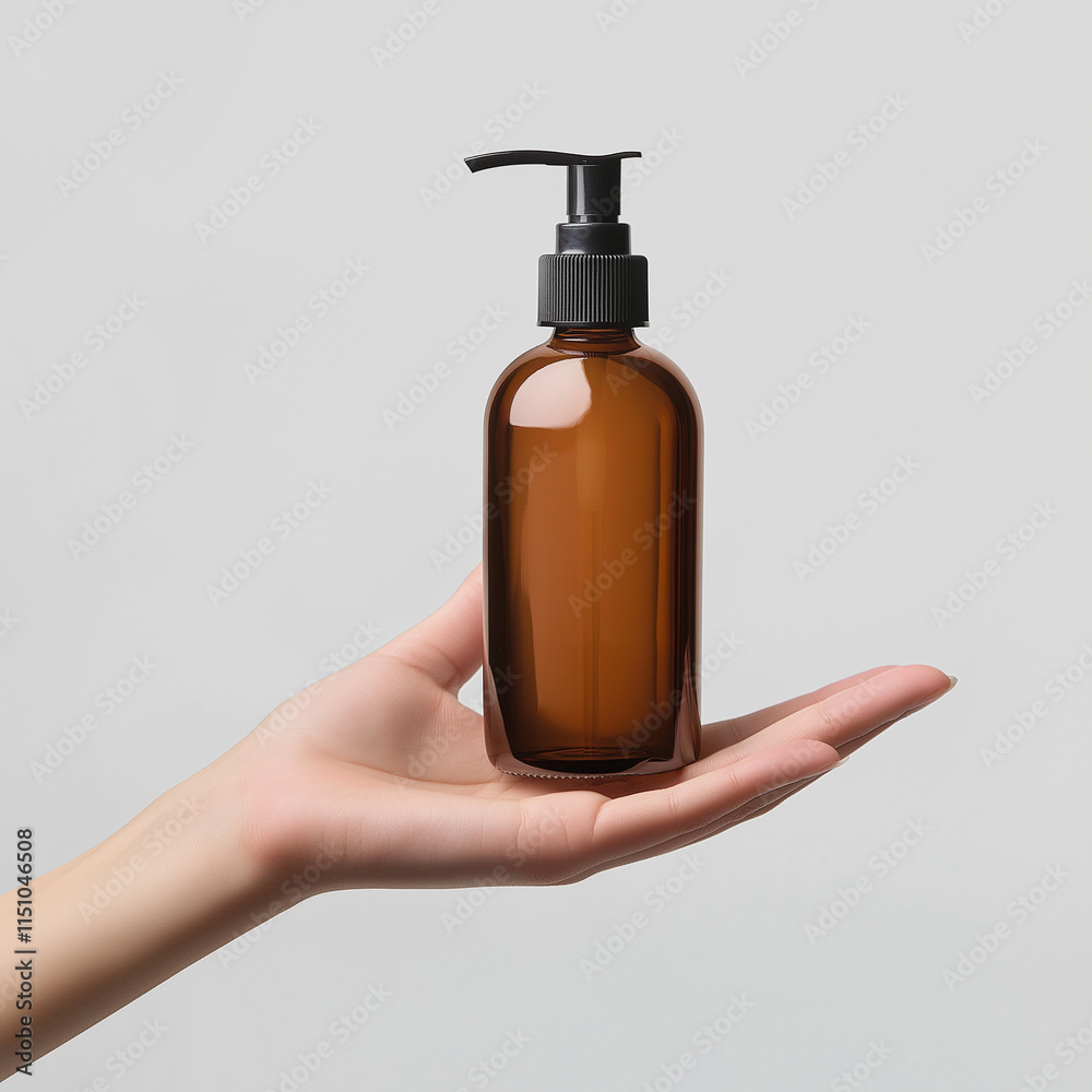 A woman's hand holding an amber pump bottle is isolated on a grey background. A woman's hand holding an amber pump bottle is isolated on a grey background.
