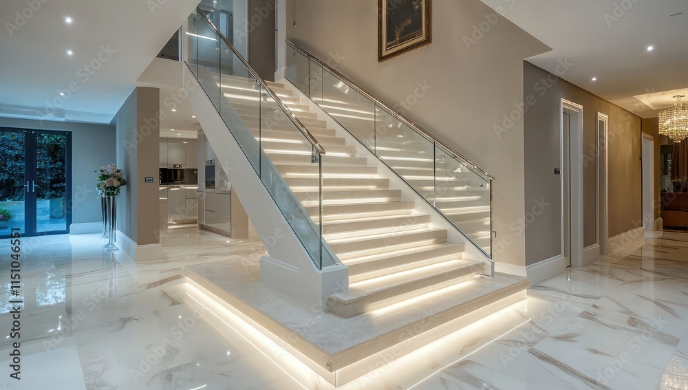 Fototapeta premium Staircase in contemporary home with LED lights, glass railings, and marble floors.