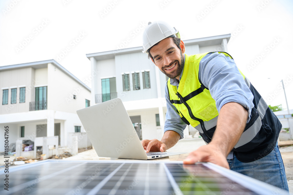 electrician man in safety vest with helmet use laptop for check solar cell plant. Green energy electricity. concept of sustainable resources. electrician man in safety vest with helmet use laptop for check solar cell plant. Green energy electricity. concept of sustainable resources.