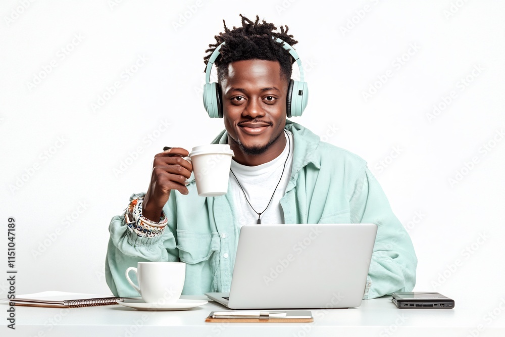 Smiling Man Working From Home, Using Laptop, Headphones and Coffee Smiling Man Working From Home, Using Laptop, Headphones and Coffee