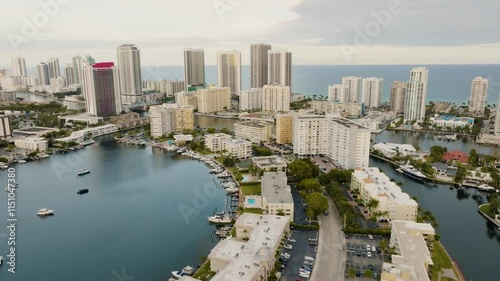 Hollywood Florida drone with yachts and skyscrapers overlooking the water during sunset on a warm day photo
