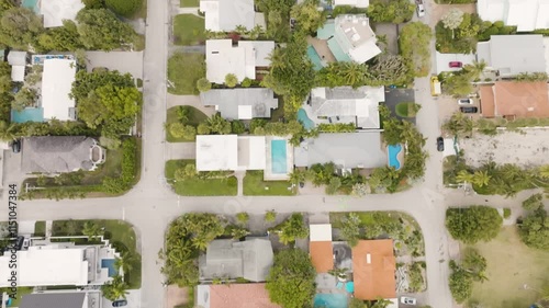 Fort Lauderdale Florida top down view of expensive vacation homes with pools, palm trees, and cars below photo