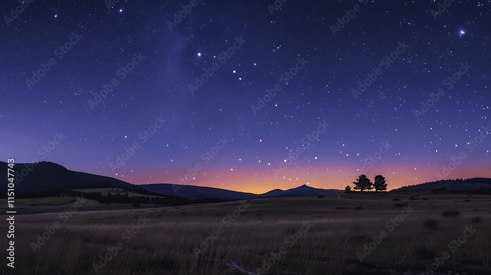 Starry Night Sky Over Mountains and Fields Starry Night Sky Over Mountains and Fields