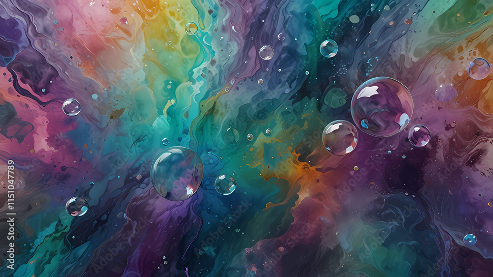 Fototapeta premium A vibrant abstract background with a surreal mix of colorful marble textures and reflective bubbles, illuminated by soft light rays