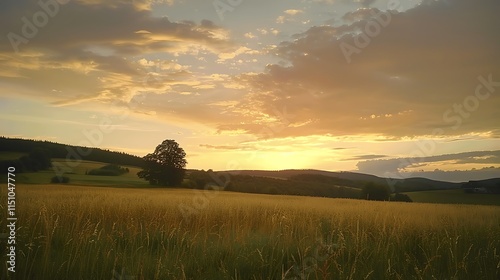 Serene Sunset Over Golden Field Landscape