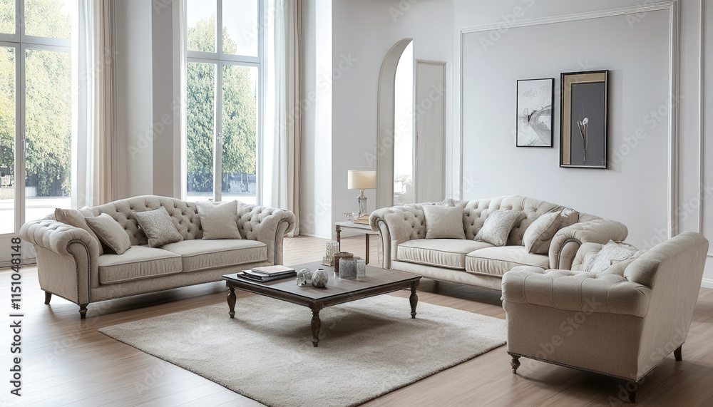 Fototapeta premium Elegant Beige Sofa Set Living Room Furniture Modern Home Decor
