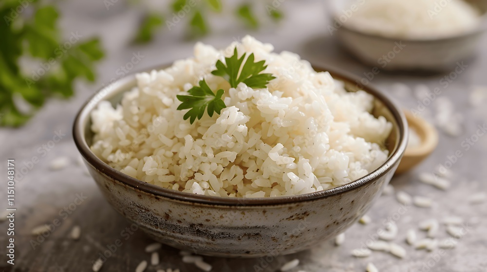 Cooked Rice with Fresh Herbs in Rustic Bowl Cooked Rice with Fresh Herbs in Rustic Bowl