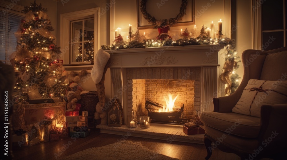Christmas Fireplace Scene With Decorated Tree And Gifts Christmas Fireplace Scene With Decorated Tree And Gifts