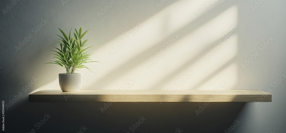A minimalist shelf with a potted plant illuminated by soft sunlight. A minimalist shelf with a potted plant illuminated by soft sunlight.