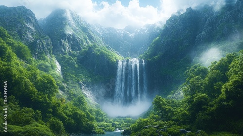 Majestic waterfall cascading down lush green mountains.