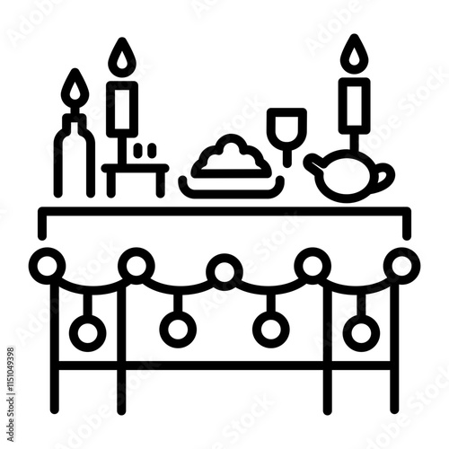 A line icon of a holiday table with a variety of dishes and candles 