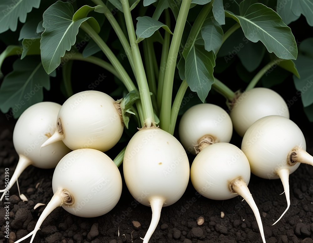 Fresh White Turnips Growing in Garden Soil Organic Produce Fresh White Turnips Growing in Garden Soil Organic Produce