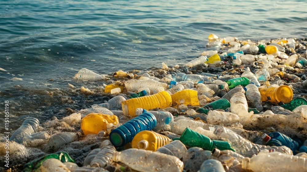 Ocean polluted with plastic bottles, highlighting environmental issues and marine protection.